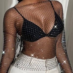 NWT Zara sequin fishnet see-through black top Size L